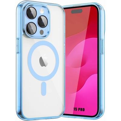 Чехол для iPhone 15 Pro - Жесткая Защита - Прозрачный - Синий Ободок - Магнитное Кольцо - Закаленное Стекло