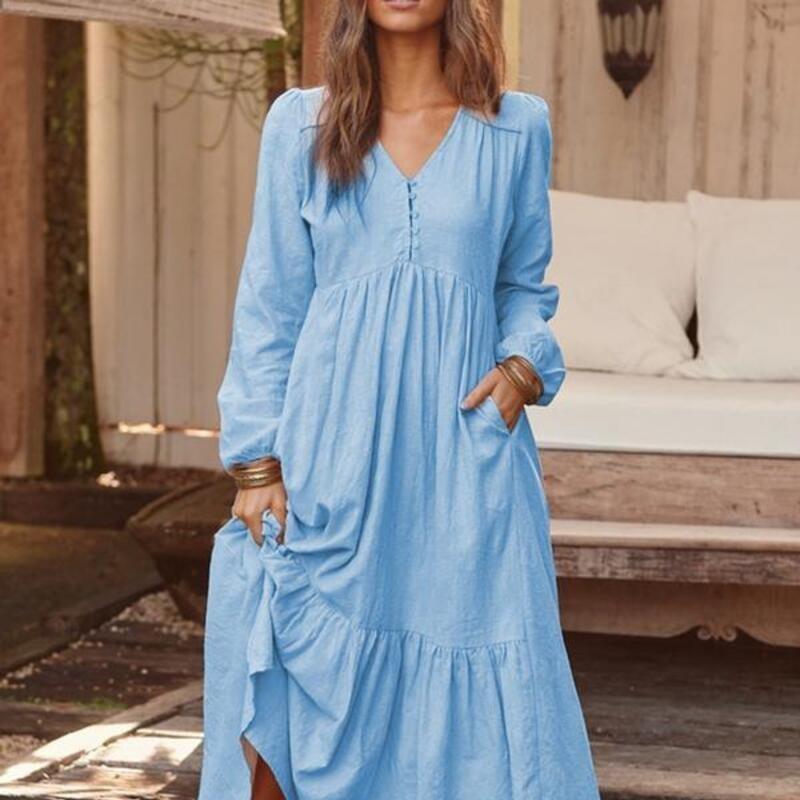 Весенне-осеннее платье из хлопка и конопли, в стиле ретро, повседневное, с длинным рукавом