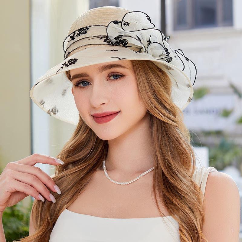 Summer organza rose flower breathable basin hat women's outdoor beach travel sunshade sunscreen bucket hat fashion hat