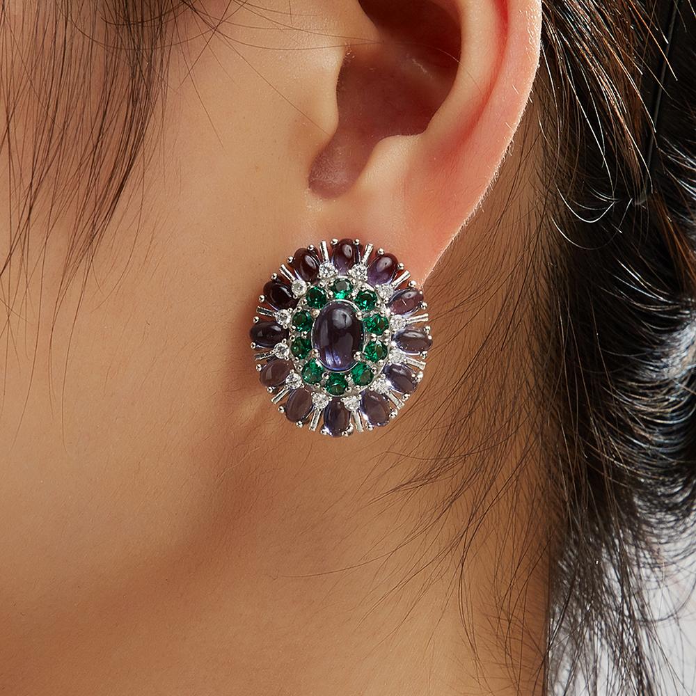 Роскошные женские серьги из серебра 925 пробы с натуральными иолитовыми овальными драгоценными камнями. Изысканные ювелирные украшения для женских подарков на годовщину.