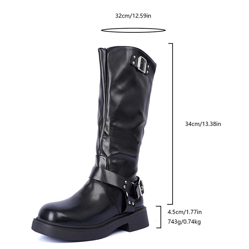 Fashion Buckle Decor Long Knight Boots for Women Autumn Black PU Leather Knee High Boots Woman Plus Size Fashion Riding Botas Mujer 2025