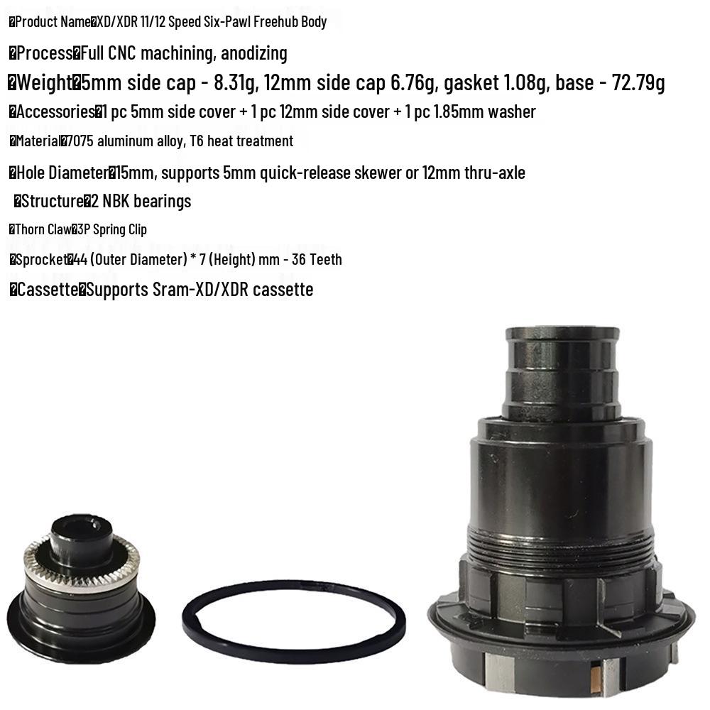 Bicycle Hub Body for 11/12 Speed XD/XDR Freehub, 6 Pawls with Spring Clips, 12mm Thru Axle, NBK Bearings