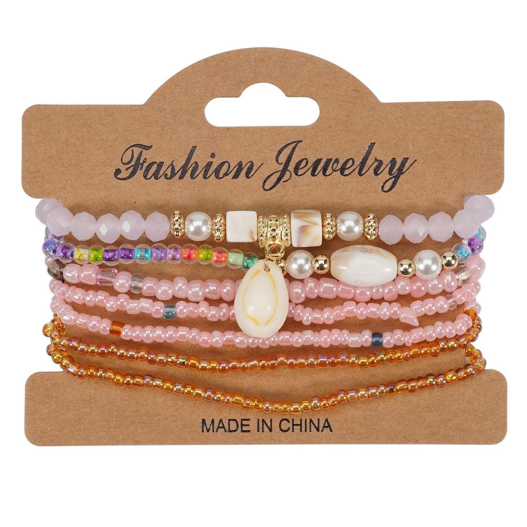 Bohemian Seashell Pendant Women's Elastic Bracelet with Seed Beads, 7 Strands