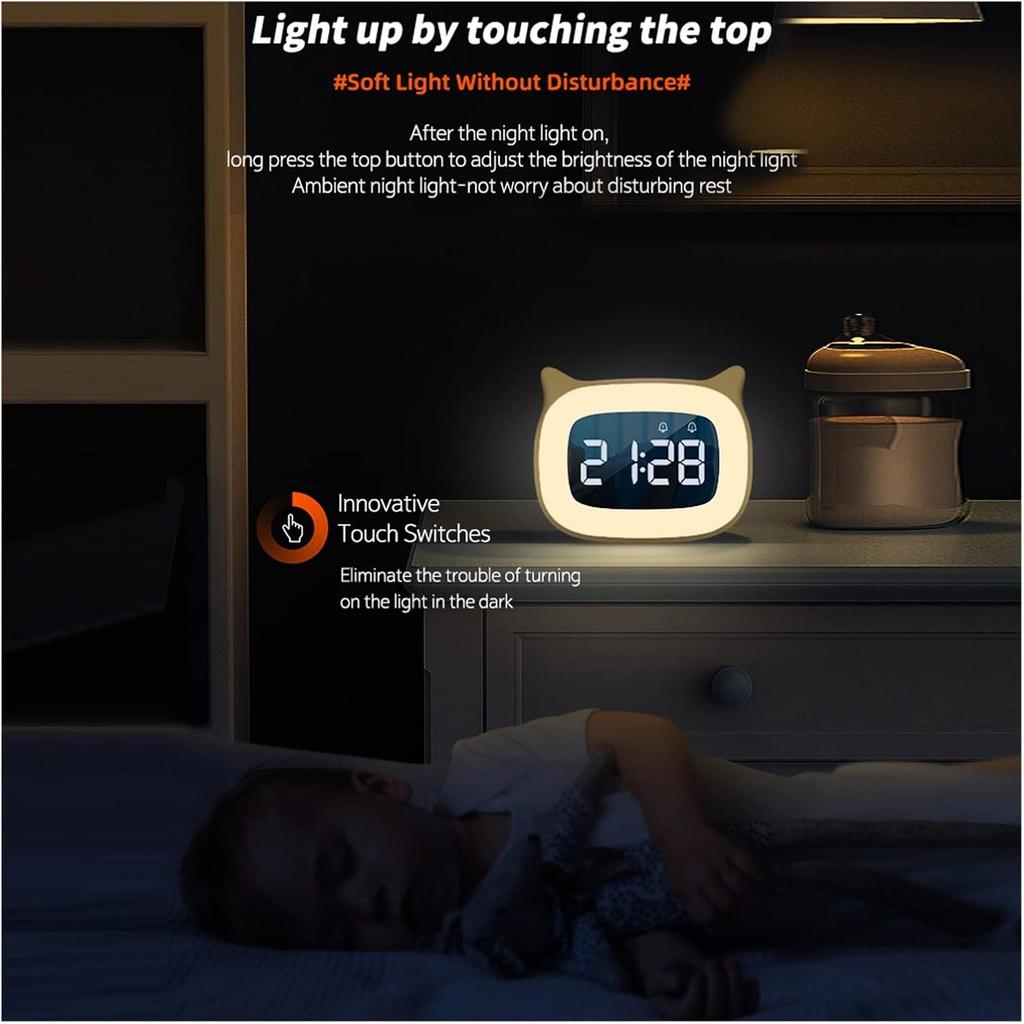 Kids Alarm Clock LED Cartoon Cat Ear Digital Clock Student Bedside with Night Light & 18 Ringtones