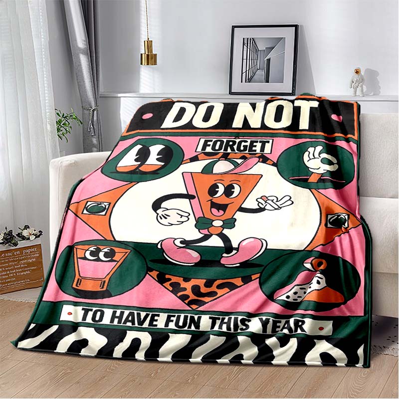 Retro Rubber Slogan Print Flannel Blanket Vintage Cartoon Sofa Throw Soft Warm Blankets For Home Bed Travel