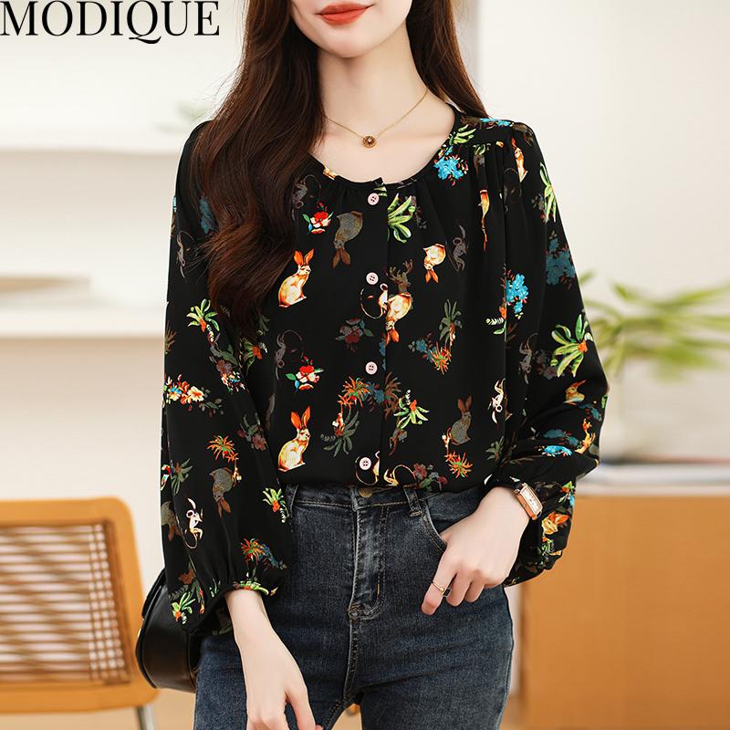 MODIQUE весна лето большие размеры женские свободные повседневные элегантные хлопковые льняные шифоновые блузки с цветочным принтом рубашки женские базовые с круглым вырезом пальто с пышными рукавами