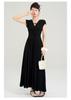 French slim fit temperament short sleeved dress for summer, waist cinching and slimming, V-neck A-line long skirt