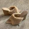 Spice girl millennial style fluffy slippers summer wear fluffy cool slippers beautiful pointed wedge heels high heels