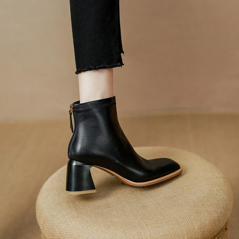 Осенние сапоги женские с круглым носком и толстым каблуком женские сапоги из натуральной кожи женские лаконичные короткие сапоги сапоги на высоком каблуке с застежкой-молнией