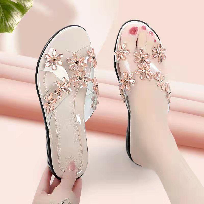 Женские сандалии, летние сандалии для мам, тапочки, нескользящая верхняя одежда, большие размеры, модные верхние тапочки со стразами и мягкой подошвой