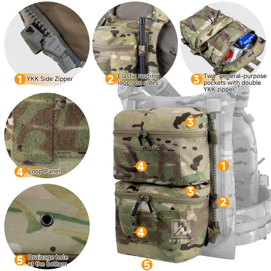 KRYDEX Tactical Back Panel Multipurpose Double Pouch Assault Zip On Modular Backpack for FCPC V5 Vest