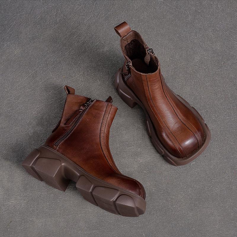 Johnature Ботинки из натуральной кожи на толстом каблуке, женские однотонные туфли с круглым носком в стиле ретро, ​​ботильоны на толстой подошве