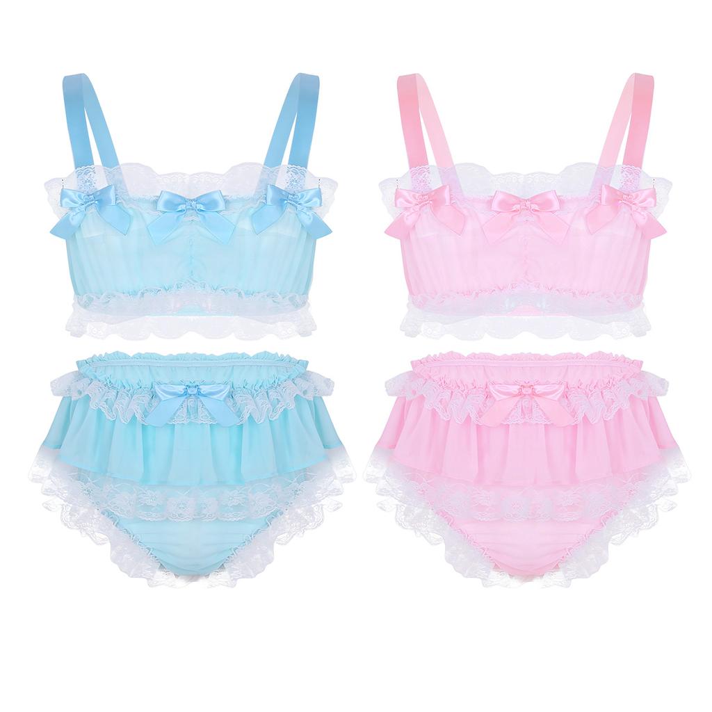 Men's Ruffled Frilly Lace Satin Sissy Lingerie Set Bra Skirted Panties Bloomer Underwear