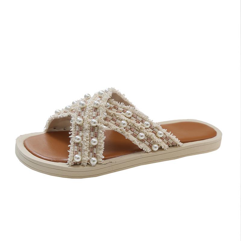 Summer Women's Pearl Flat One-shaped Sandals Slippers Home Casual Round Toe Cross Sandals Summer Women's Slippers Size 35-40