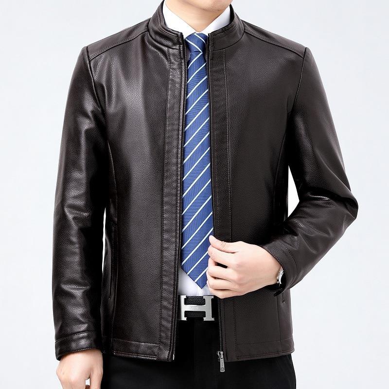 Autumn and Winter New Men's Leather Jackets, Fashionable Lapels, Middle-aged Men's Cowhide Jackets, Single Leather and Velvet Jackets