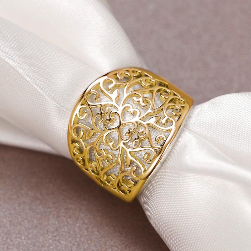 Huitan Hollow Engraved Design Women Ring Luxury Wedding Lady Fashion Accessories Gold Color/CopperColor Party Metal Jewelry