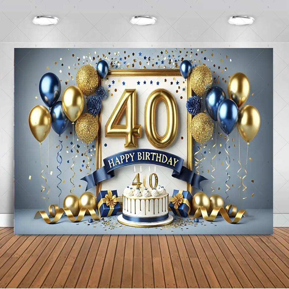 40th birthday party decorations, backdrop, black and gold theme, balloon banner, photo studio props48