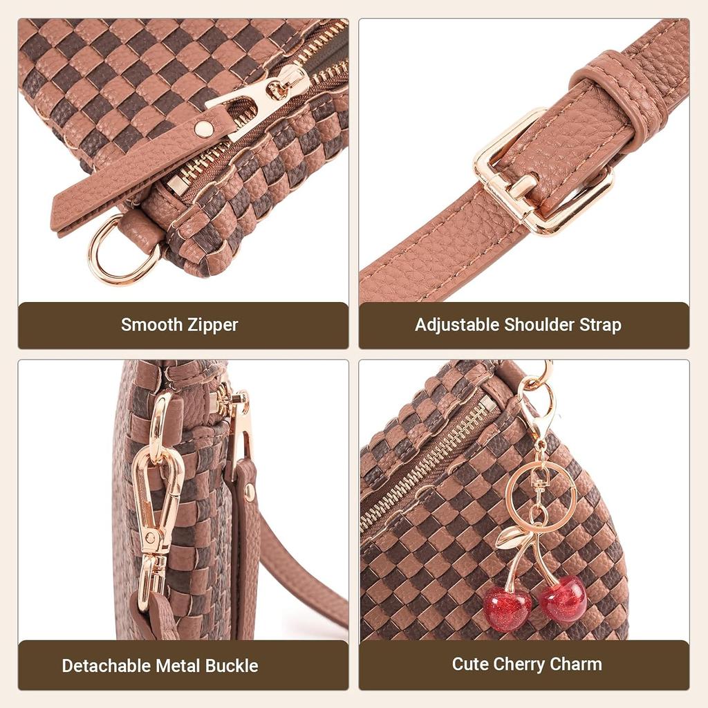 Small Woven Crossbody Bag for Women Checkered Vegan Leather Bum Purse