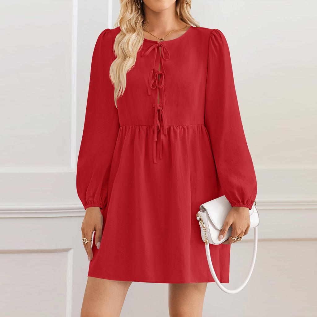 Women's Casual Fashion Lace-up A-line Pleated Long-sleeved Solid Color Short Dress