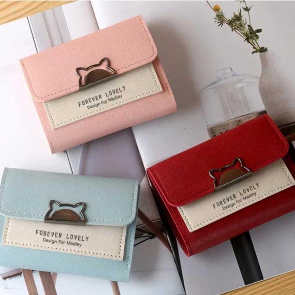 Женский короткий кошелек, милый складной мини-кошелек из искусственной кожи, студенческий кошелек для монет в форме кошки с пряжкой, держатель для карт
