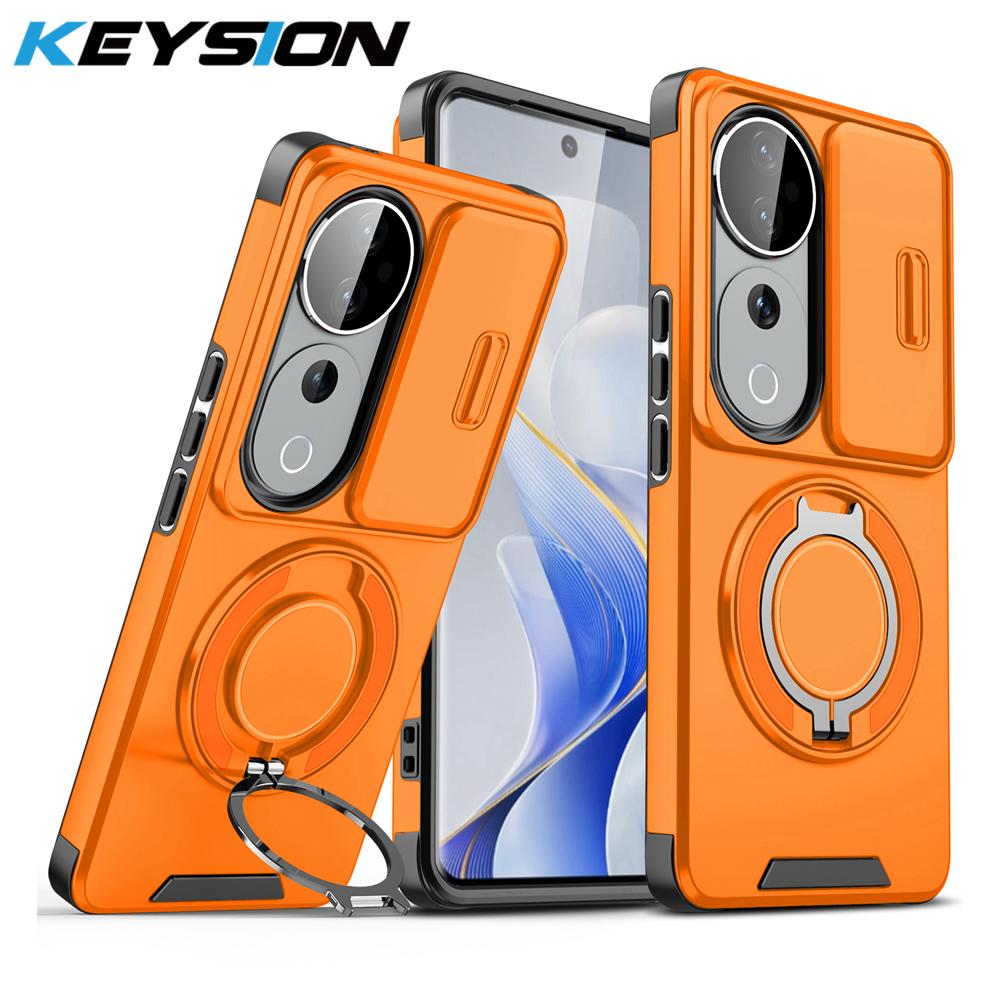 KEYSION 360°Rotating Ring Stand Phone Case for VIVO V40 Pro 5G Slide Camera Protection Magnetic Shockproof Cover for VIVO V40 5G