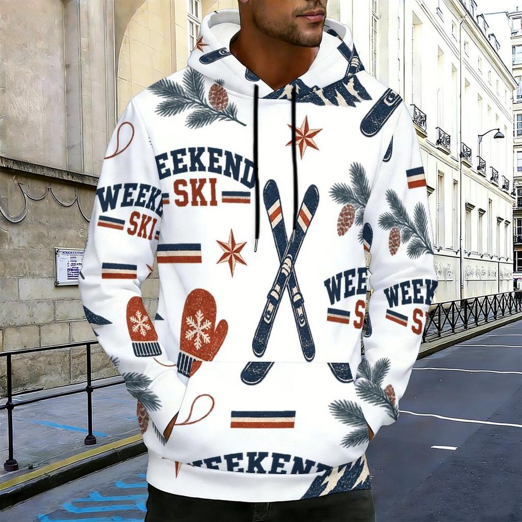 Men Plus Size Long Sleeve Drawstring Hoodie Printed Kangaroo Pocket White Pullover