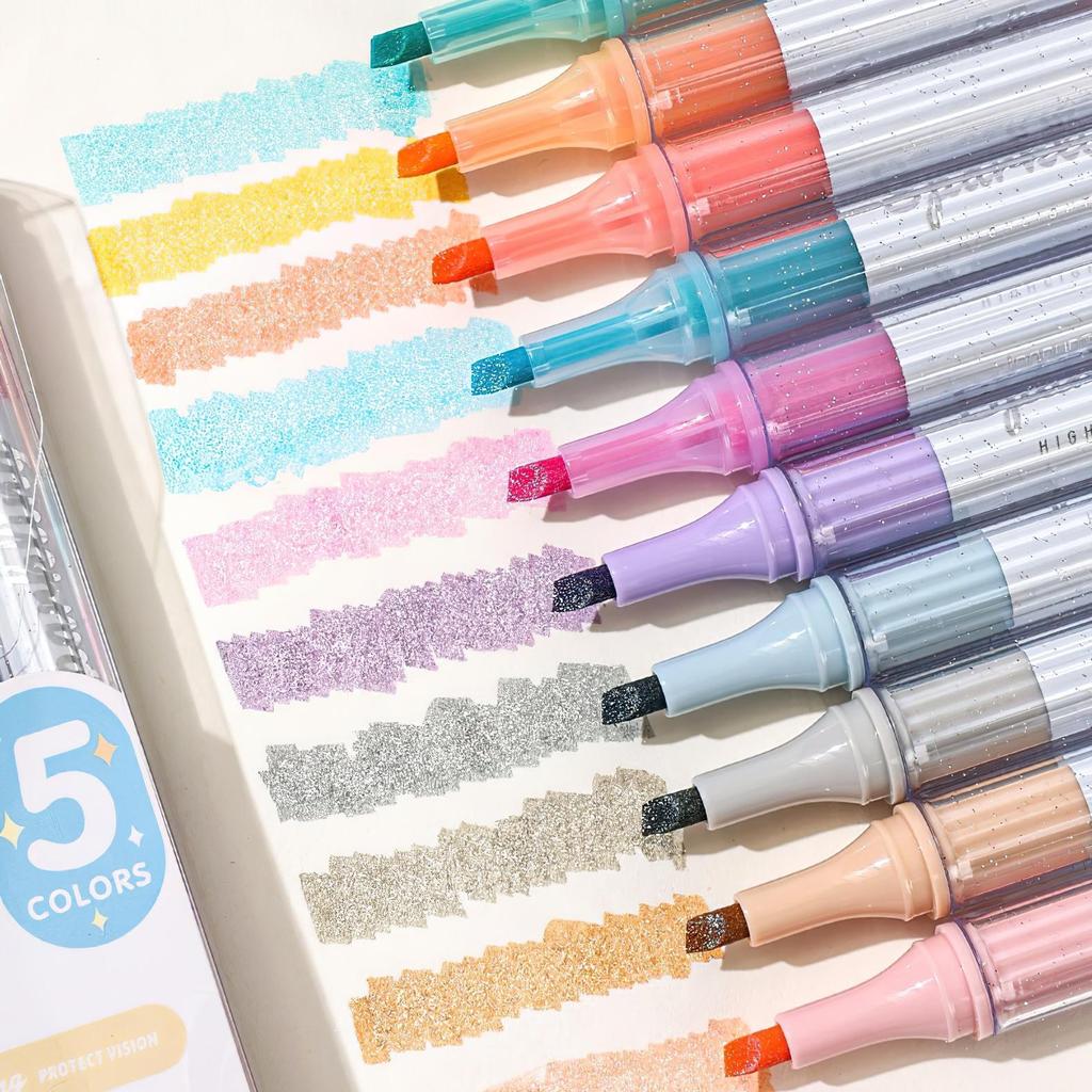 5pcs Mild Colors Highlighter Pens Set, Morandi Protect Vision Soft Chisel Brush Tip - Hued & Sparkling Fluorescent Markers