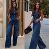 Spring and Summer Women's Sleeveless Denim Trousers Set Cropped Vest Top + Wild Basic Women's Wide Leg Long Pant Suit