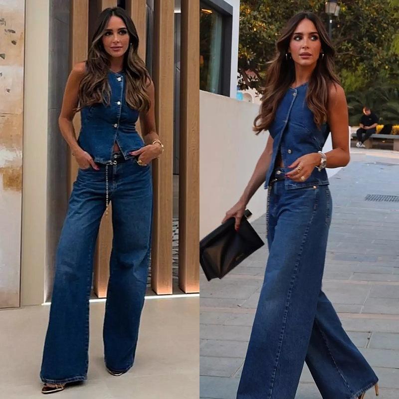 Spring and Summer Women's Sleeveless Denim Trousers Set Cropped Vest Top + Wild Basic Women's Wide Leg Long Pant Suit