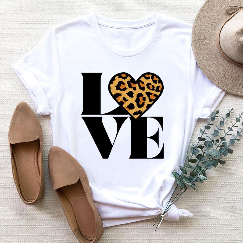 (Азиатский размер) Женская леопардовая футболка Love Heart Trend, милая одежда 90-х годов, футболка с принтом, модная футболка, женские футболки с коротким рукавом и графикой