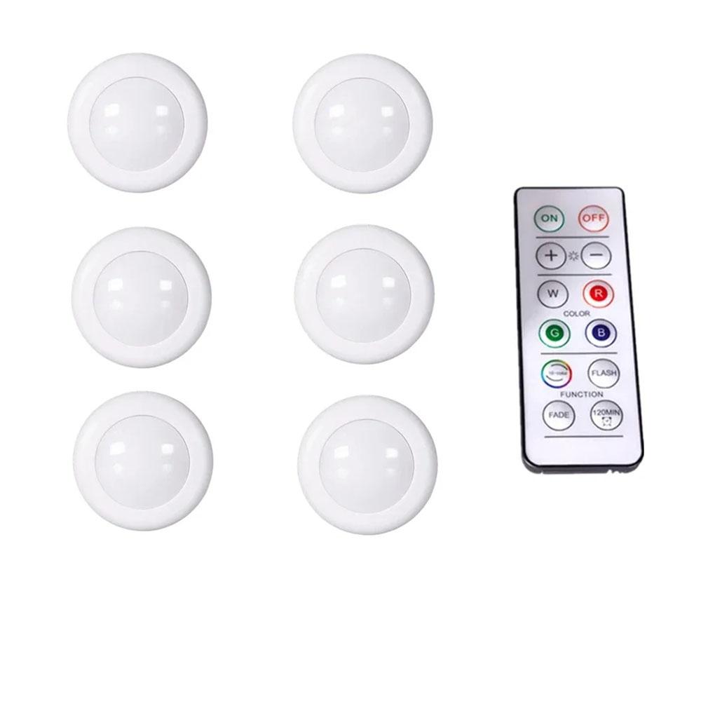 16 цветов Подсветка под шкаф Диммируемые светодиодные круглые ночники Портативные светильники для шкафа, кухни, кладовки с пультом и сенсорным управлением