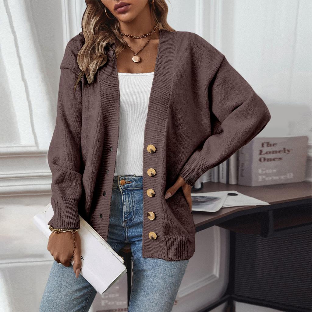 Женская мода повседневный трикотажный однотонный кардиган с капюшоном свитер пальто