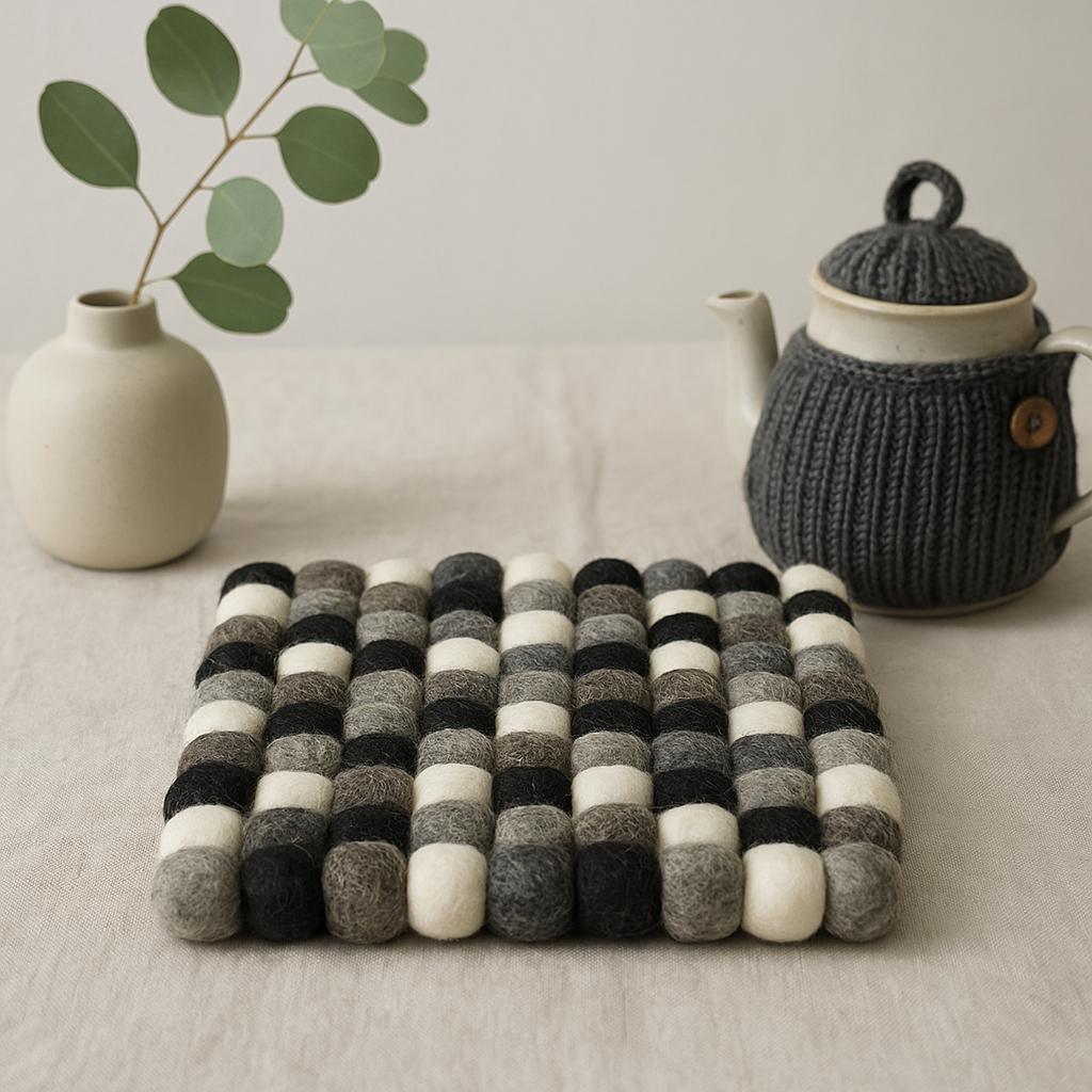 Felt Ball Square Placemat Multi Grey 20cm
