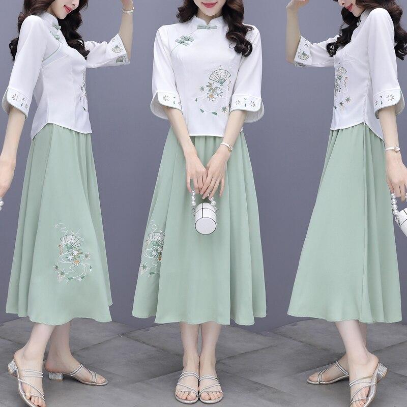 Летний женский улучшенный Cheongsam в китайском стиле из двух частей, верхняя юбка, наборы с художественной вышивкой
