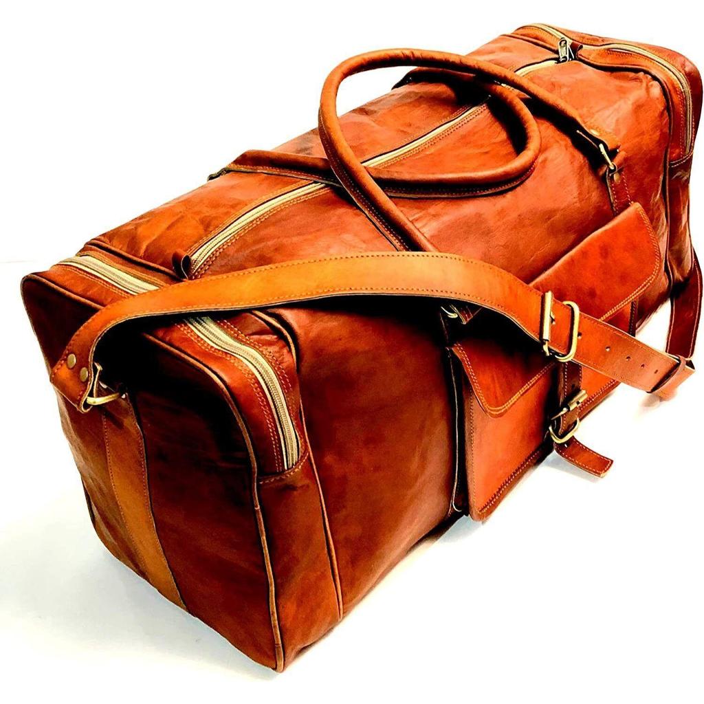 Винтажная коричневая дорожная сумка на выходные из натуральной козьей кожи ручной работы