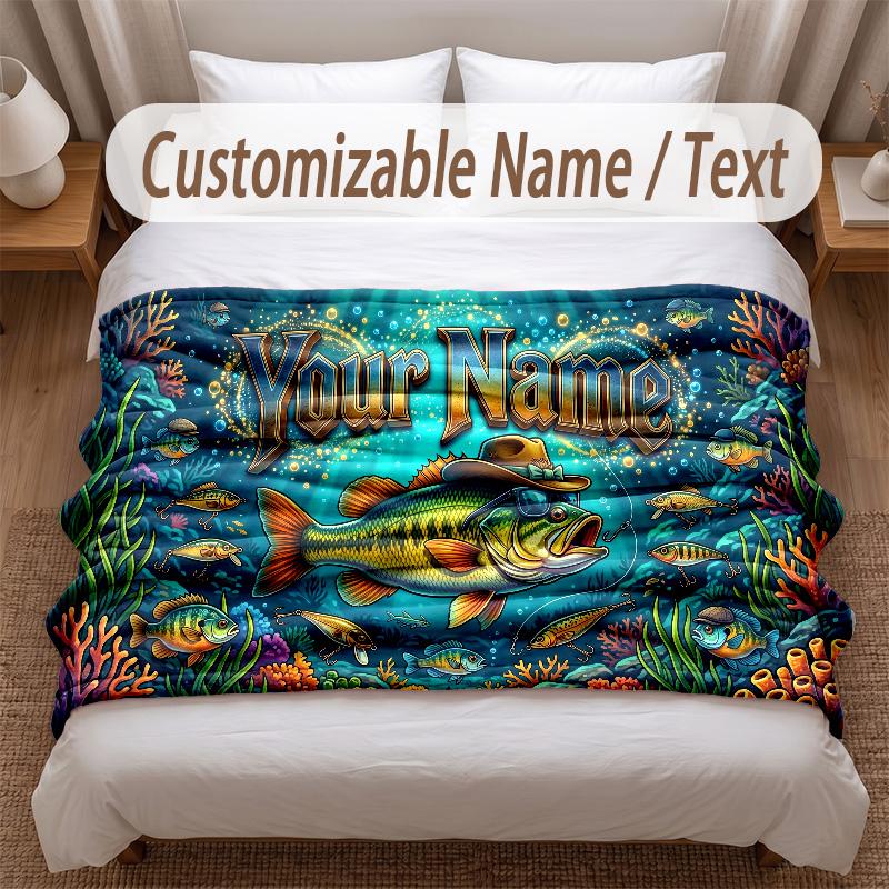 Fish Ocean Theme Soft Blanket Personalized Custom Name Text Print Warm Blanket Home Sofa Bedroom Decor