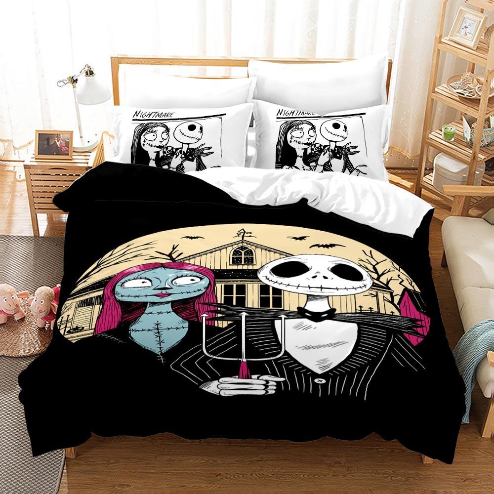 3pcs Queen Size Duvet Cover Sets, Nightmare Before Christmas Jack and Sally Rose Decor Bedding Set 2/3pcs Polyester Quilt Cover