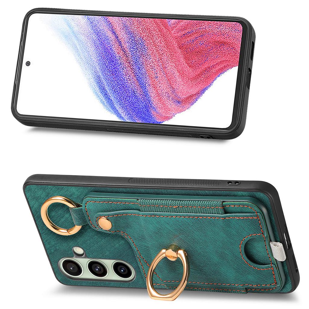 For Samsung Galaxy S25 Retro Leather Phone Back Cover with Card Slots and Ring Holder