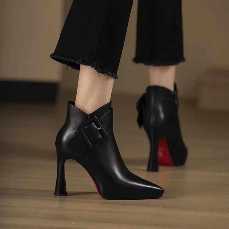 Ladies Shoes Ankle Women's Boots Elegant Modern Boots Women Solid Buckle Zipper Pointed Toe High Heel Female Shoes