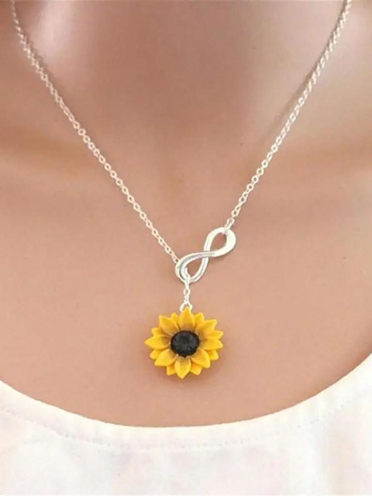 1Pc  Infinity Shape Sunflower Pendant Necklace Adjustable Silvery Chain Charm Jewelry For Women