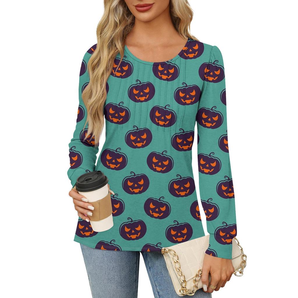 Long Sleeve Shirts For Women Cute Print Graphic Tees Blouses Dressy Casual Blouses Pleated Scooped Neck Tunic Tops Halloween