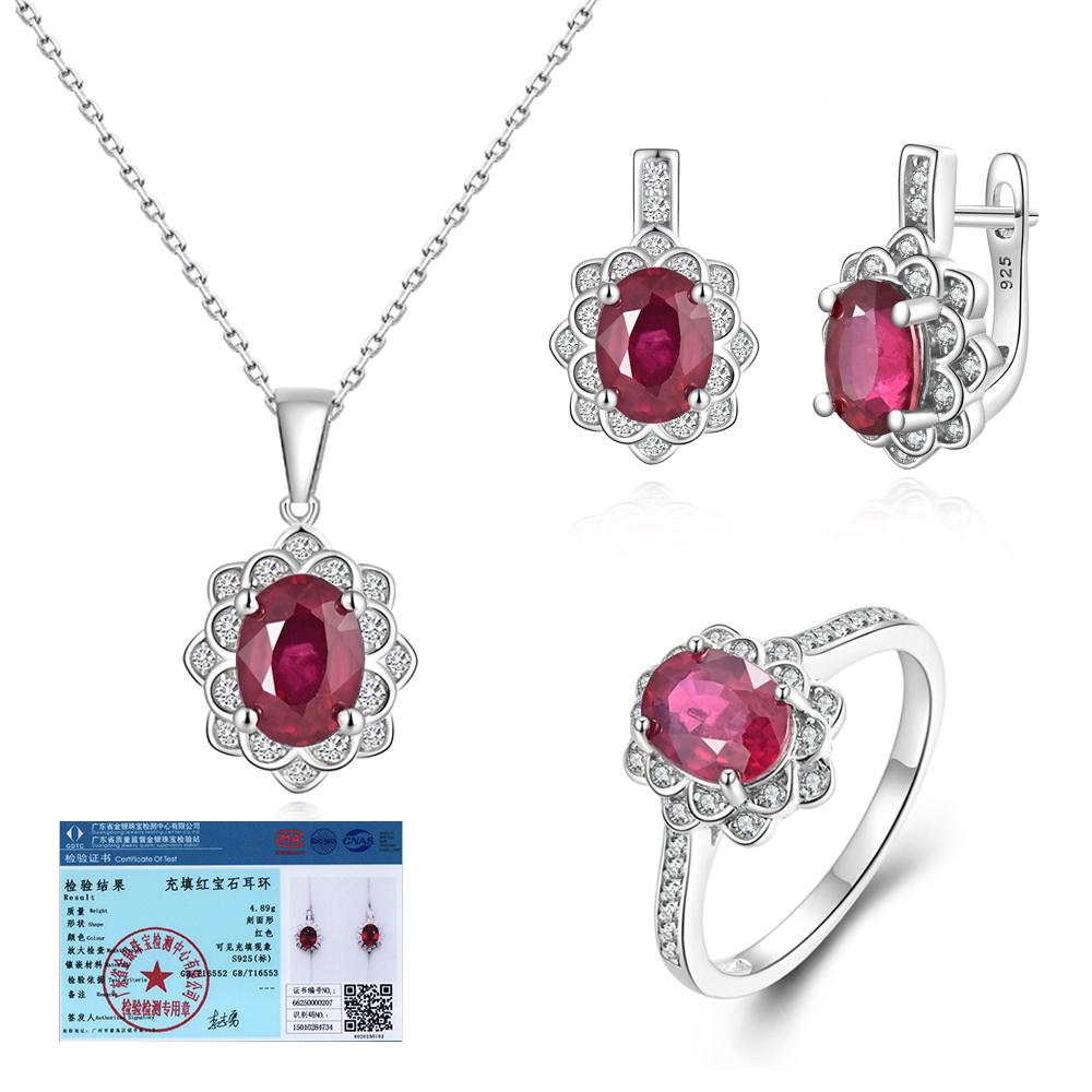 Natural Filled Ruby Jewelry Set July Birthstone 925 Silver Ring Earrings Necklace for Women Wedding Banquet Gifts Rare Precious