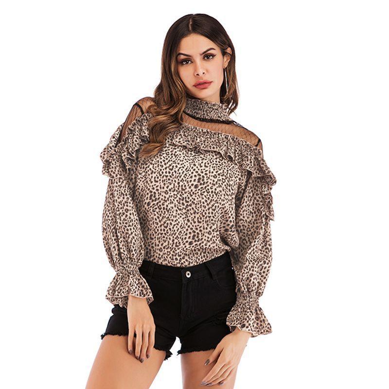 Spring and Autumn Women's Chiffon Long Sleeve Pleated Mesh Splicing Ruffle Polka Dot Chiffon Blouse Top