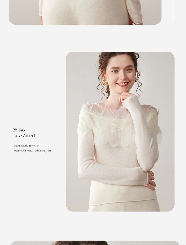 Кашемировый свитер с воротником-стойкой и вышитыми вручную цветами: На одно плечо, Сексуальный и Трехмерный дизайн с перьями