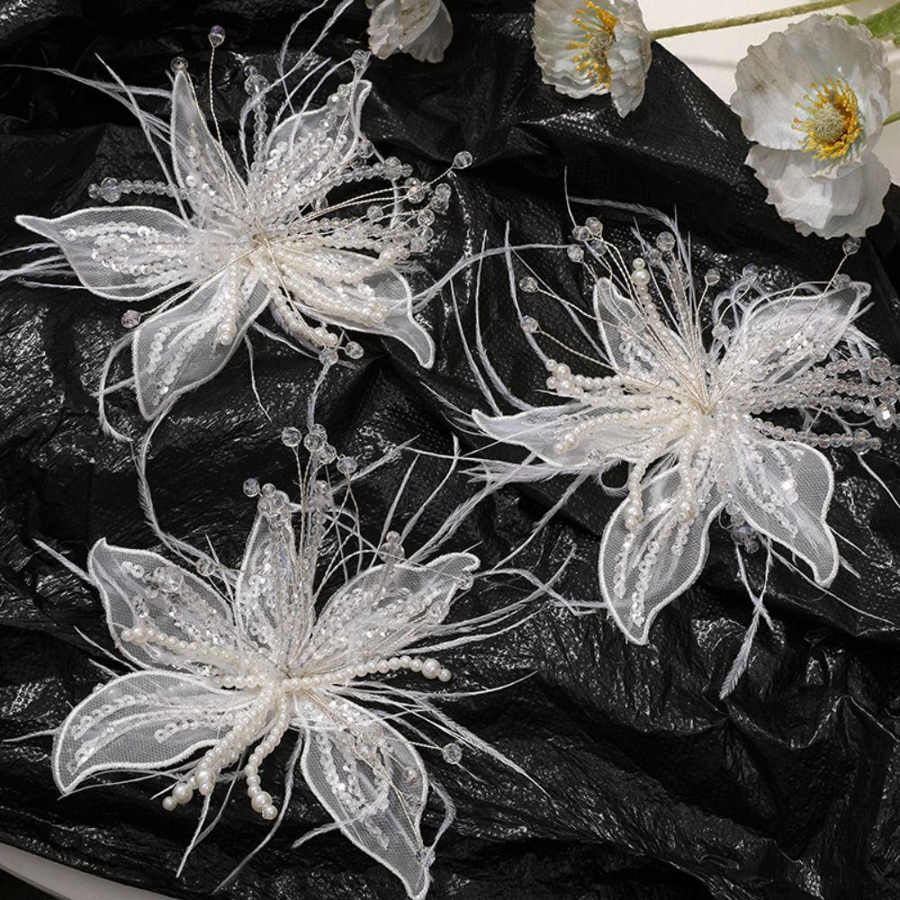 Ethereal Feather Pearl 3D Organza Flower Patch Crystal Flower Twisted Wire Studded Patch Handmade Lace Applique Decorative Dress
