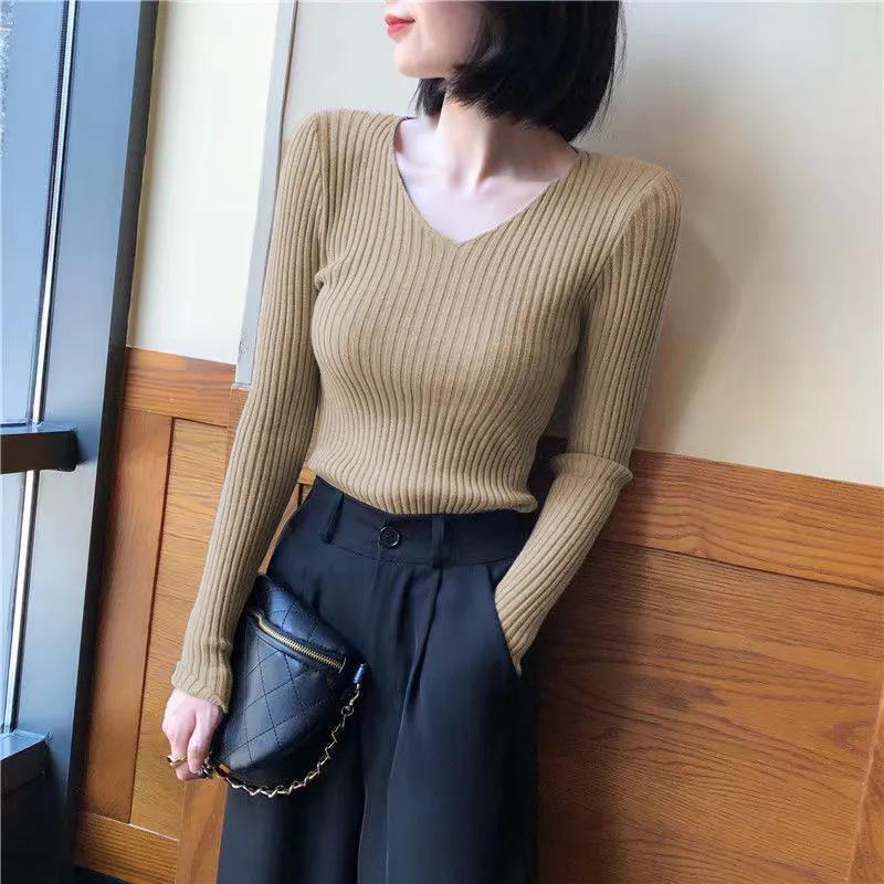 WTEMPO Женские осенние повседневные свитера с V-образным вырезом, весенние женские однотонные длинные рукава, тонкие трикотажные пуловеры, трикотаж