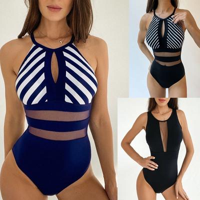 Новый летний цельный купальник в полоску с высоким воротом и большой открытой спиной, женские сексуальные пляжные купальники