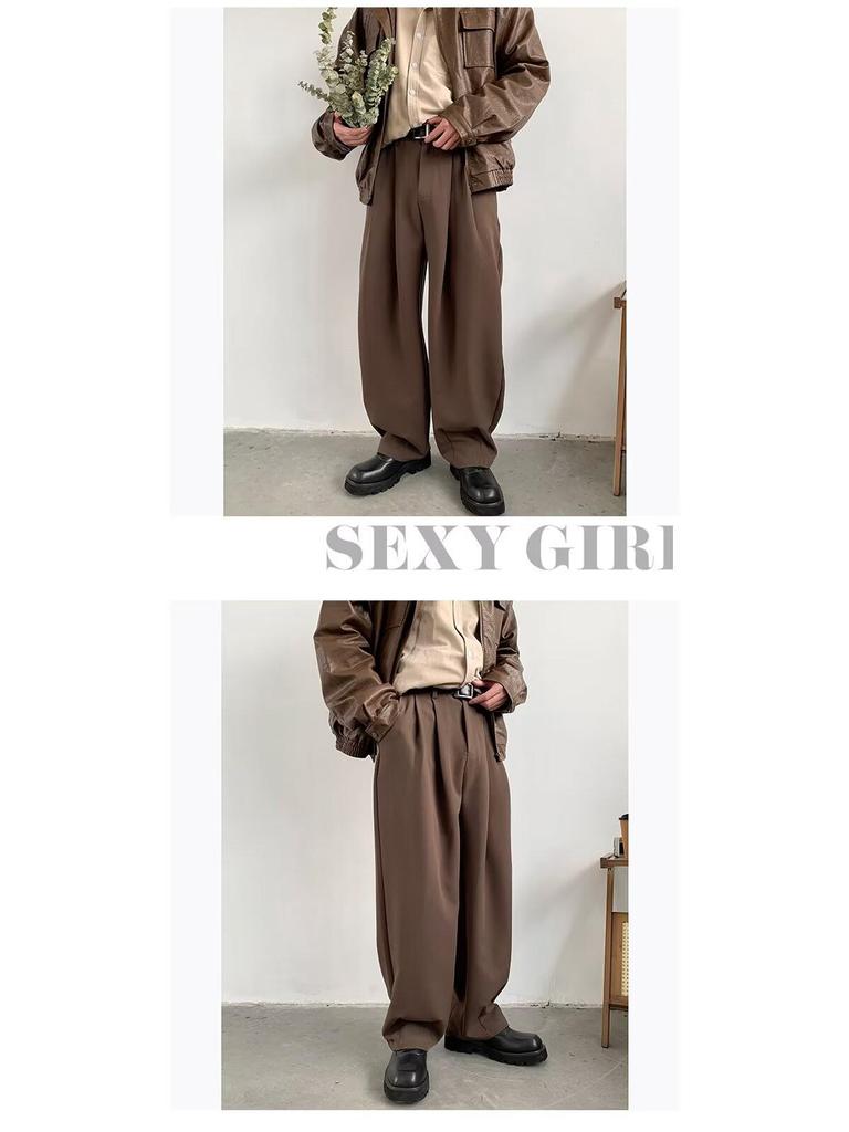 Men's Retro Brown Wide-Leg Sweatpants - Loose Straight Drape for Spring & Autumn