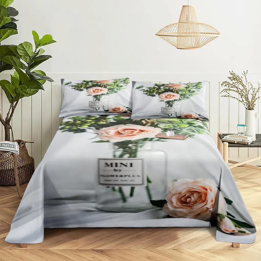 Pink Floral Bed Sheet Set Pillowcase Bedding Linens Cover Flower Queen King Twin Full Size for Single Double Bed Soft Thin
