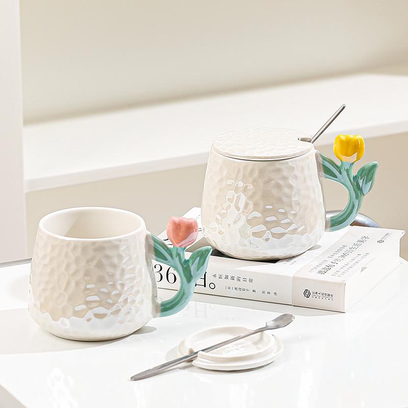 Electroplating Small Flower Handle Mug with Lid Large Capacity Ceramic Cup Household Set Opening Gift Water Cup Student